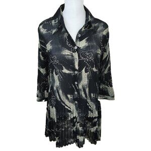 Lindi Black & White Abstract Accordion Pleat Tunic Semi Sheer Top Women's Size S